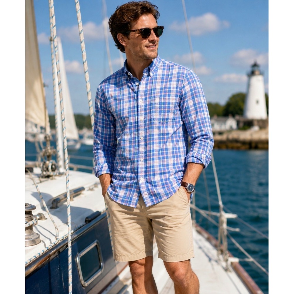 J.Crew Flex Washed Shirt Mens XXL Blue Pink Plaid Slim Fit Button Front Casual‎